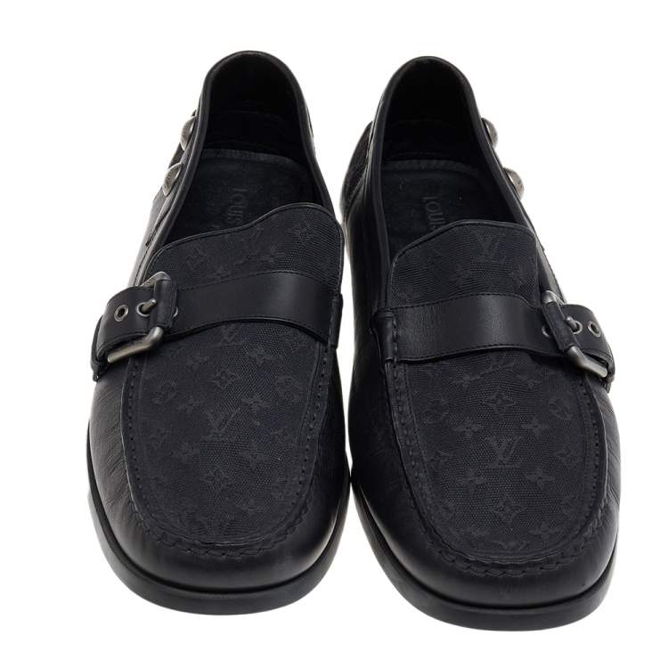 Pre Owned Louis Vuitton Black Monogram Canvas And Leather Slip on Loafers Size 45