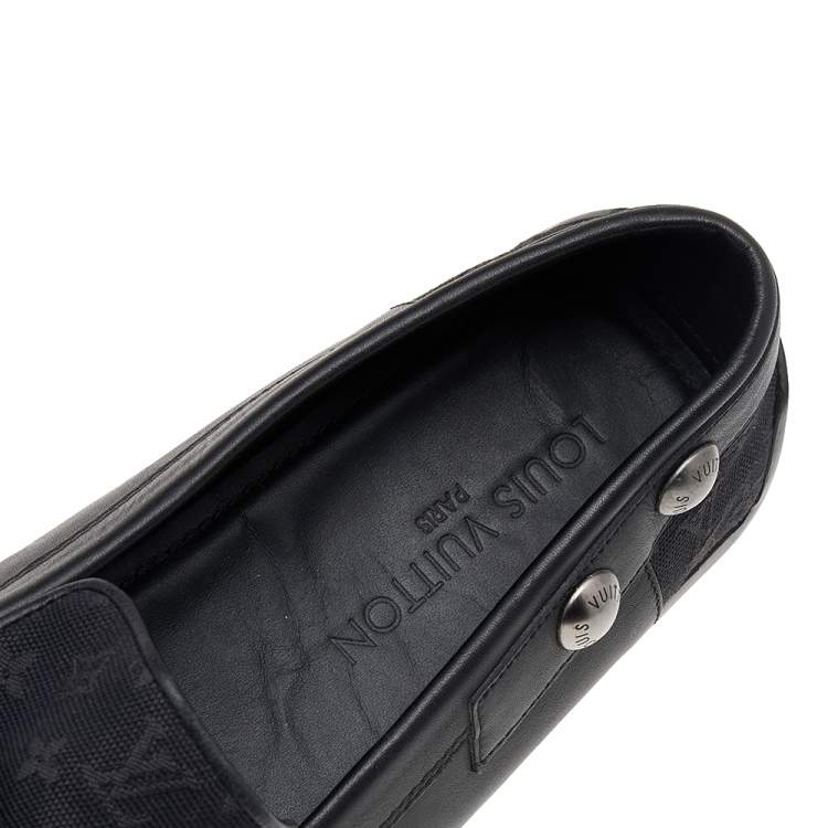 Pre Owned Louis Vuitton Black Monogram Canvas And Leather Slip on Loafers Size 45