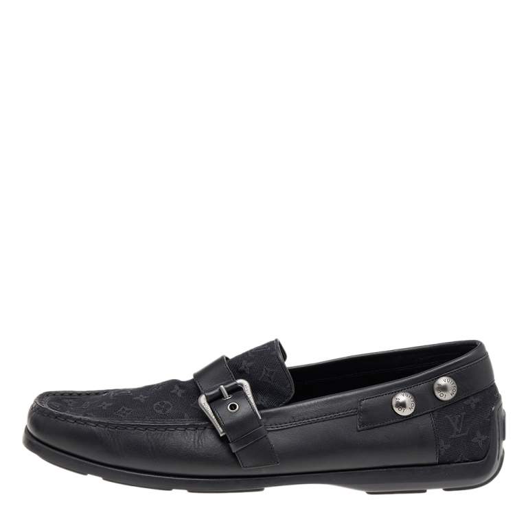 Pre Owned Louis Vuitton Black Monogram Canvas And Leather Slip on Loafers Size 45