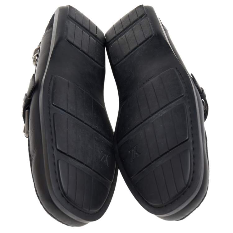 Pre Owned Louis Vuitton Black Monogram Canvas And Leather Slip on Loafers Size 45