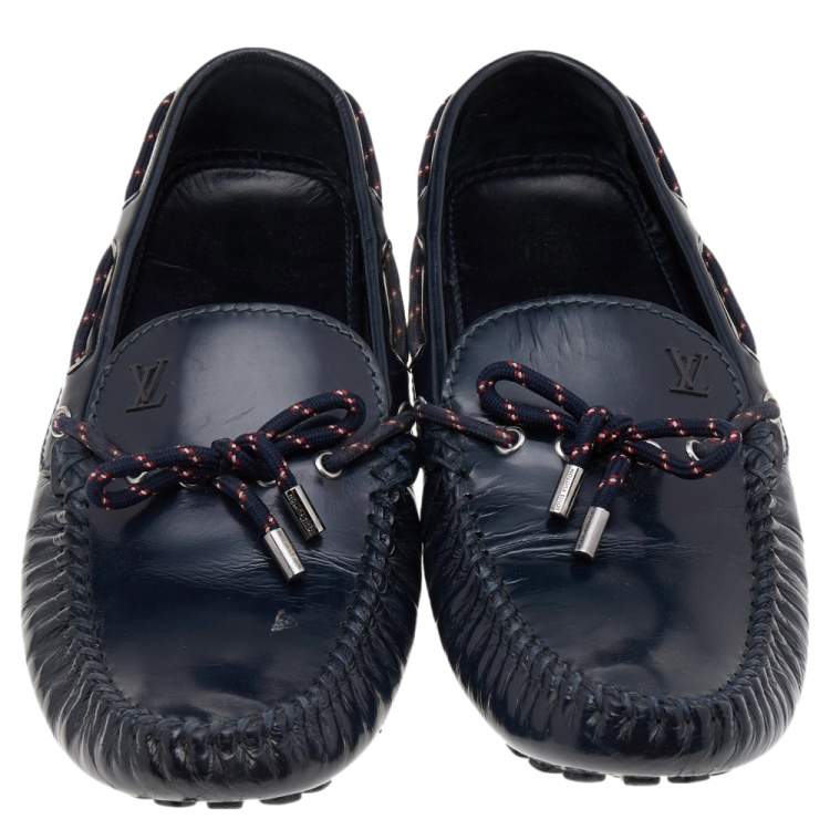 Pre Owned Louis Vuitton Black Leather Bow Slip on Loafers Size 45