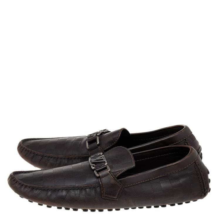 Pre Owned Louis Vuitton Dark Brown Damier Embossed Leather Hockenheim Slip On Loafers Size 43.5