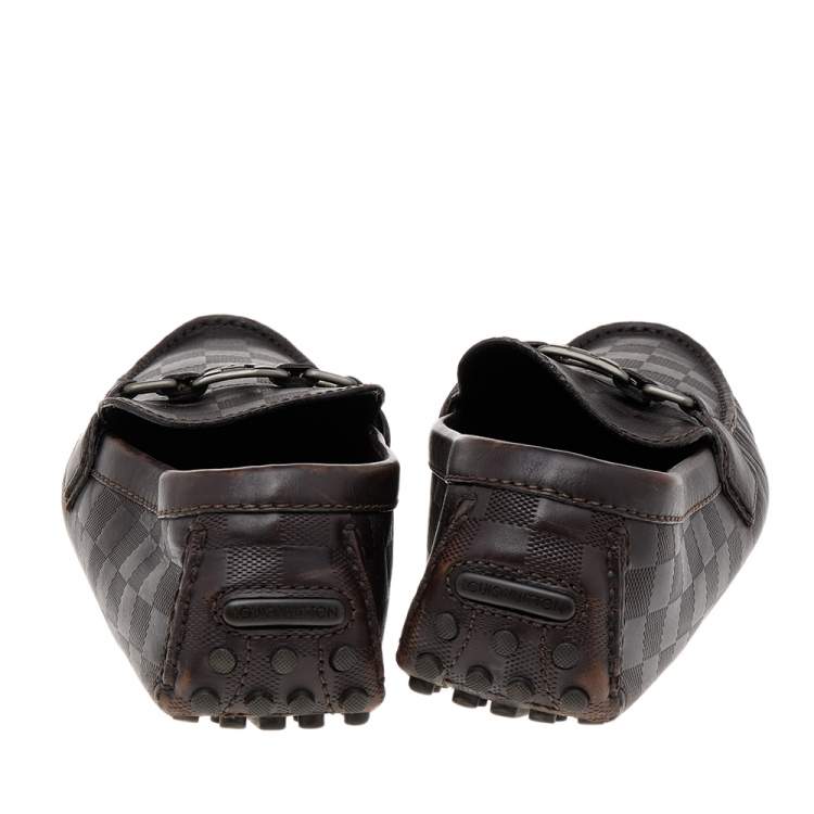 Pre Owned Louis Vuitton Dark Brown Damier Embossed Leather Hockenheim Slip On Loafers Size 43.5