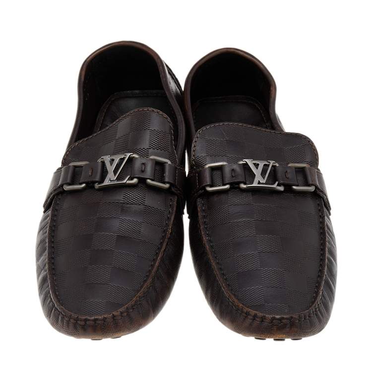 Pre Owned Louis Vuitton Dark Brown Damier Embossed Leather Hockenheim Slip On Loafers Size 43.5