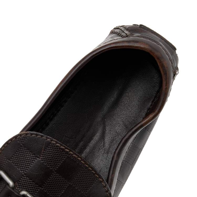 Pre Owned Louis Vuitton Dark Brown Damier Embossed Leather Hockenheim Slip On Loafers Size 43.5