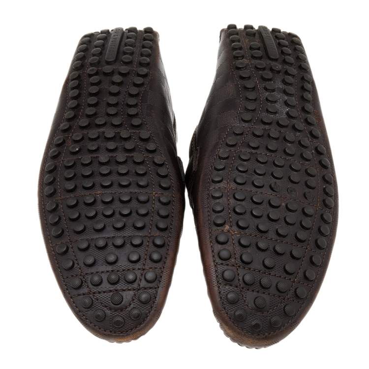 Pre Owned Louis Vuitton Dark Brown Damier Embossed Leather Hockenheim Slip On Loafers Size 43.5
