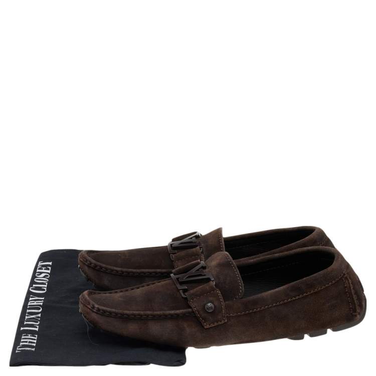 Pre Owned Louis Vuitton Brown Suede Monte Carlo Slip On Loafers Size 42