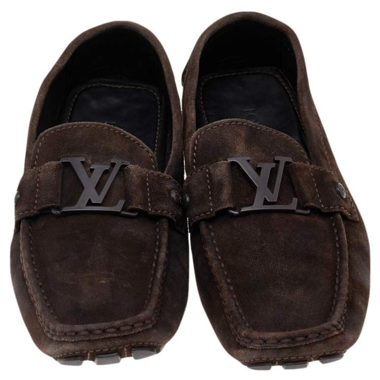 Pre Owned Louis Vuitton Brown Suede Monte Carlo Slip On Loafers Size 42