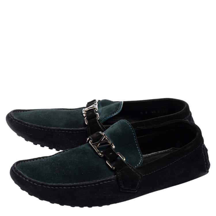Pre Owned Louis Vuitton Black/Green Suede Hockenheim Slip-On Loafers Size 42
