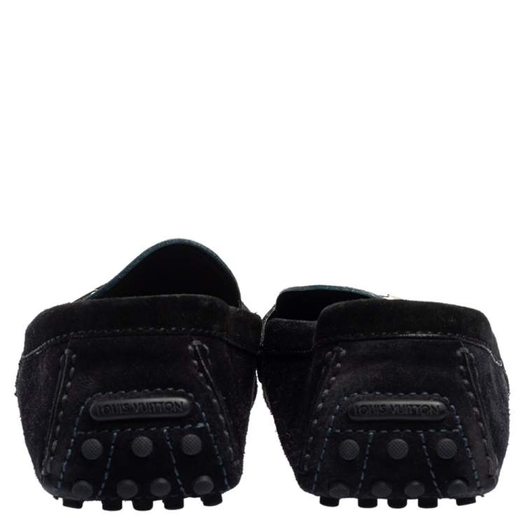 Pre Owned Louis Vuitton Black/Green Suede Hockenheim Slip-On Loafers Size 42