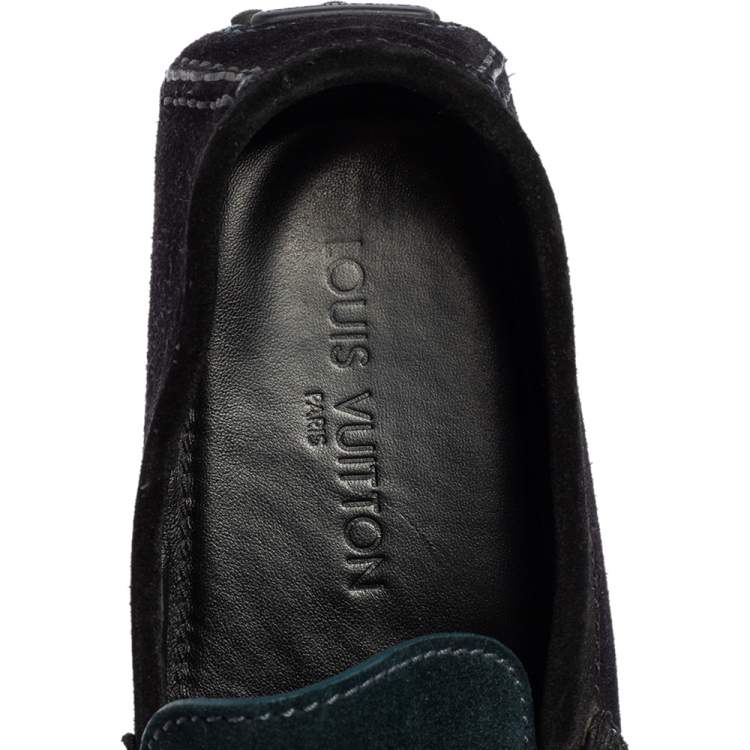 Pre Owned Louis Vuitton Black/Green Suede Hockenheim Slip-On Loafers Size 42