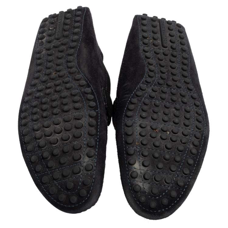 Pre Owned Louis Vuitton Black/Green Suede Hockenheim Slip-On Loafers Size 42