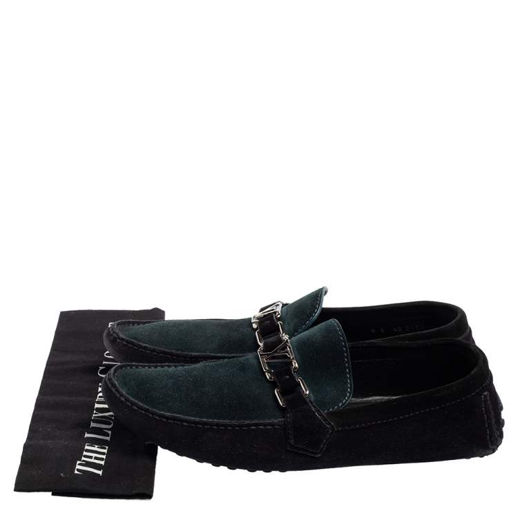 Pre Owned Louis Vuitton Black/Green Suede Hockenheim Slip-On Loafers Size 42