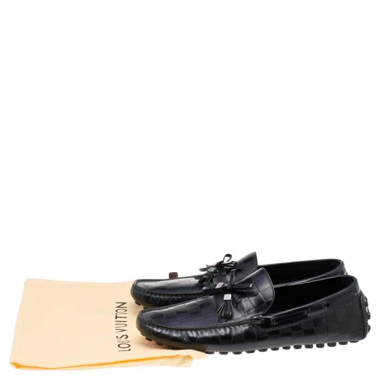 Pre Owned Louis Vuitton Black Damier Embossed Leather Bow Slip On Loafers Size 41.5