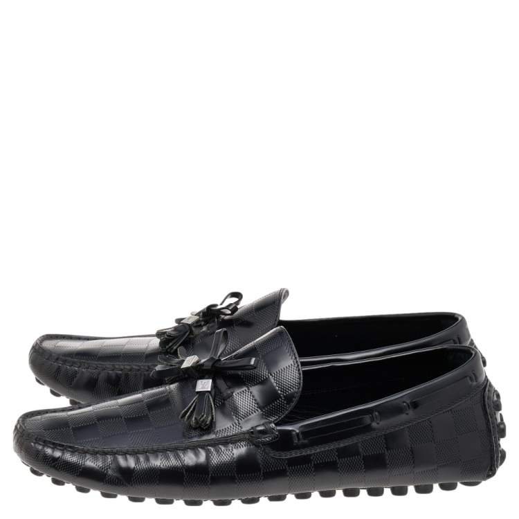 Pre Owned Louis Vuitton Black Damier Embossed Leather Bow Slip On Loafers Size 41.5