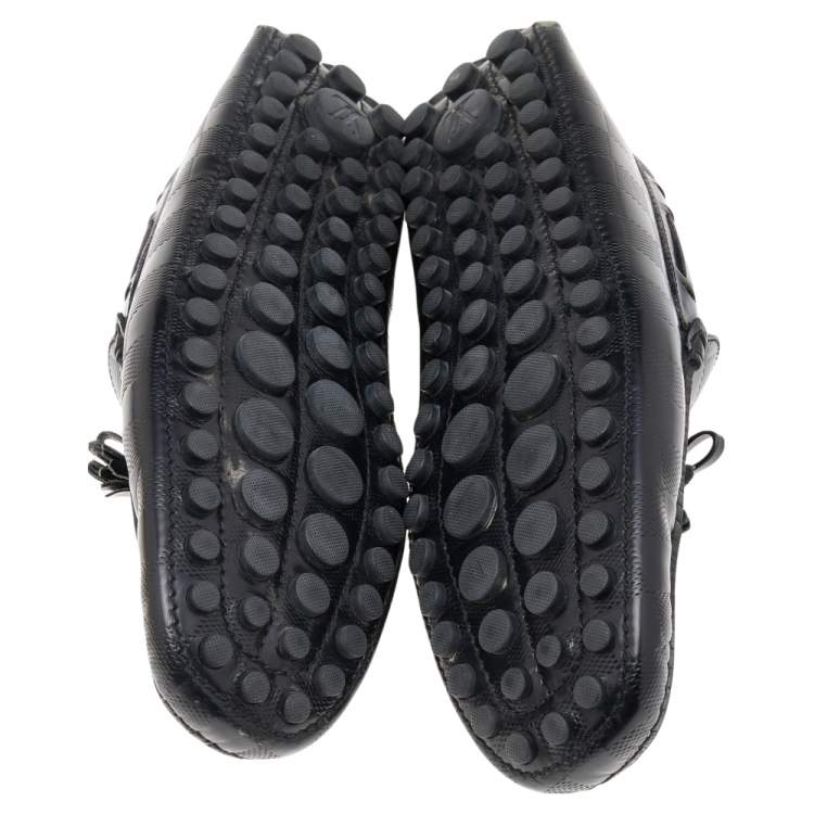 Pre Owned Louis Vuitton Black Damier Embossed Leather Bow Slip On Loafers Size 41.5