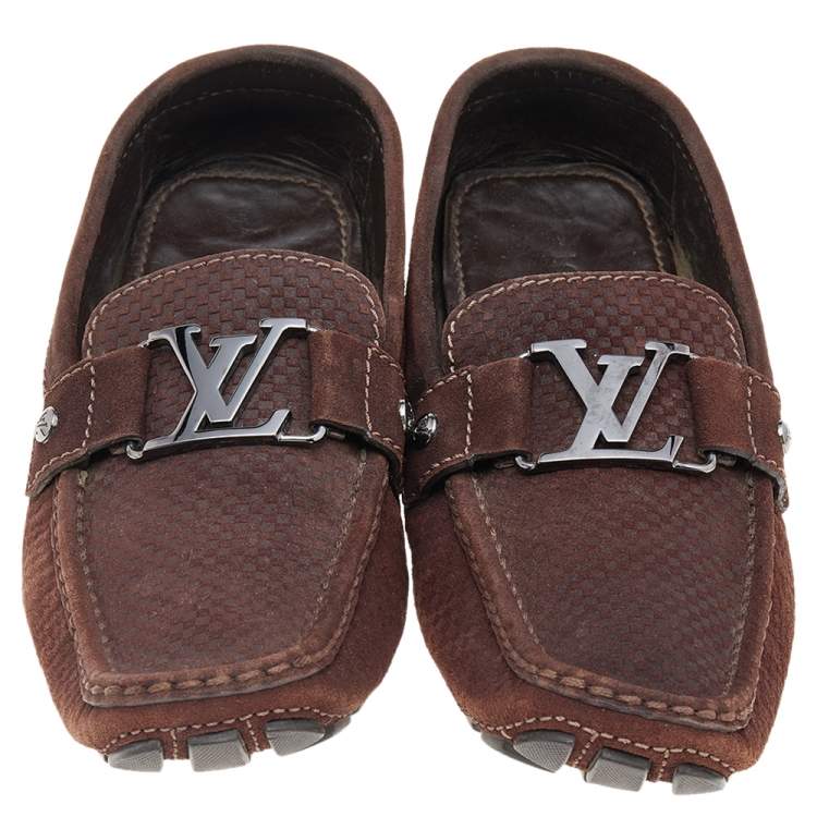 Pre Owned Louis Vuitton Brown Monte Carlo Suede Slip on Loafers Size 40