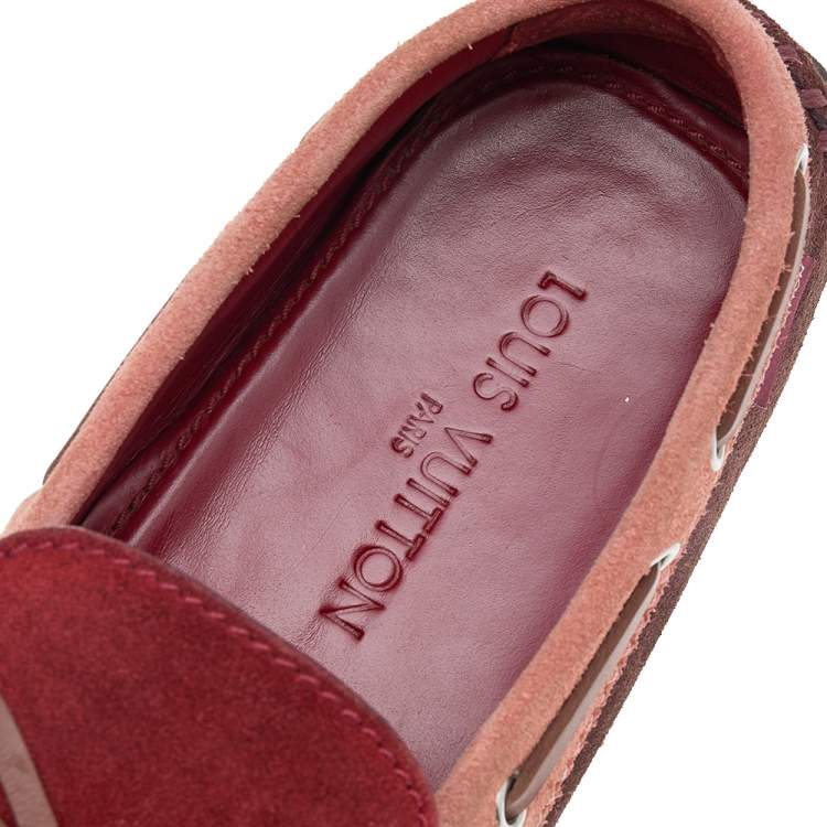 Pre Owned Louis Vuitton Red/Brown Suede And Leather Bow Loafers Size 44