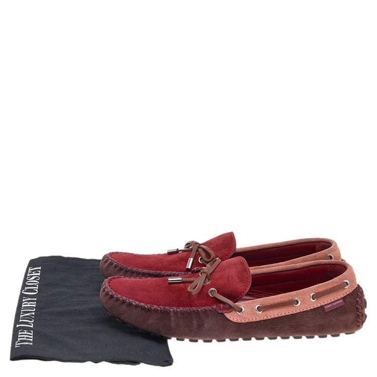 Pre Owned Louis Vuitton Red/Brown Suede And Leather Bow Loafers Size 44