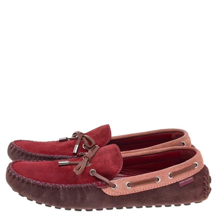 Pre Owned Louis Vuitton Red/Brown Suede And Leather Bow Loafers Size 44
