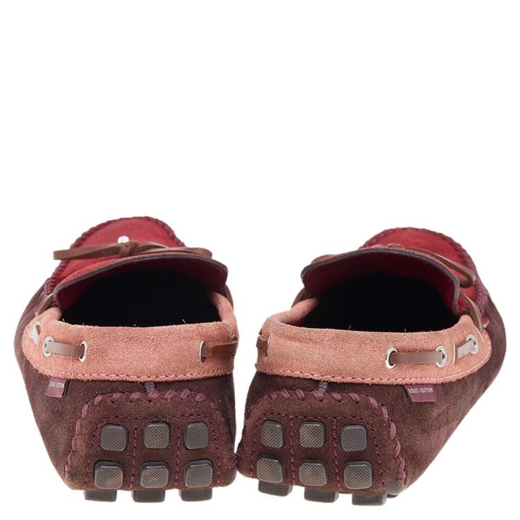 Pre Owned Louis Vuitton Red/Brown Suede And Leather Bow Loafers Size 44