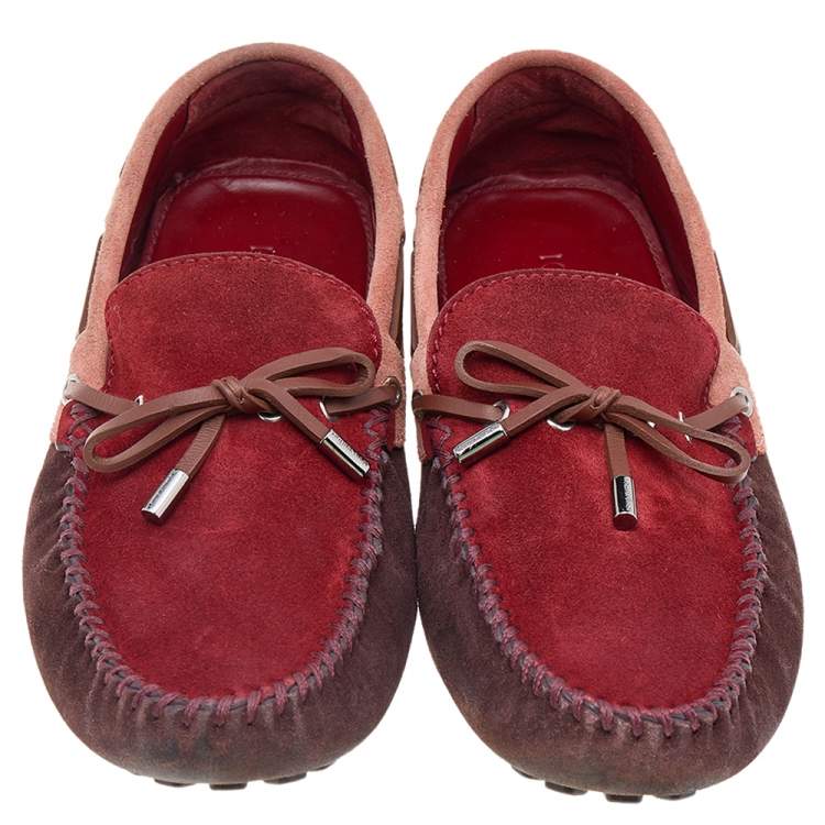 Pre Owned Louis Vuitton Red/Brown Suede And Leather Bow Loafers Size 44
