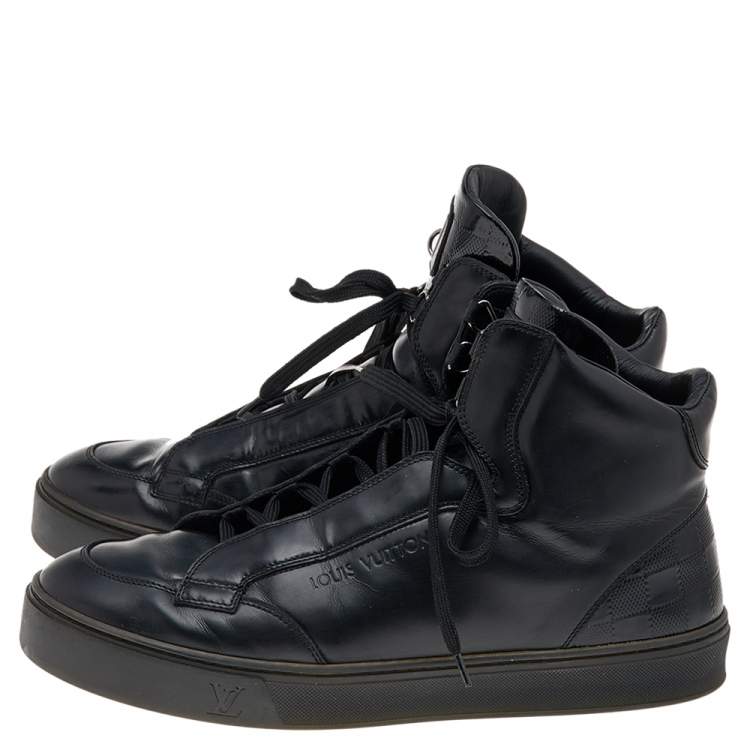 Pre Owned Louis Vuitton Black Leather And Damier Patent Leather High Top Sneakers Size 40.5