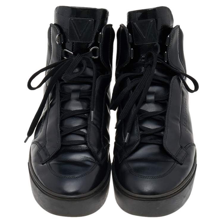 Pre Owned Louis Vuitton Black Leather And Damier Patent Leather High Top Sneakers Size 40.5