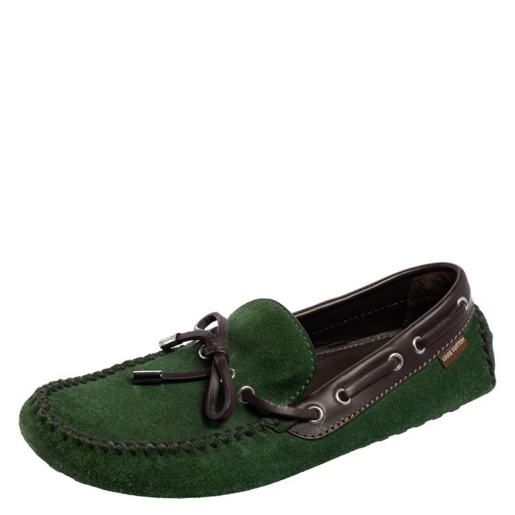 Pre Owned Louis Vuitton Green Suede Bow Loafers Size 41 
