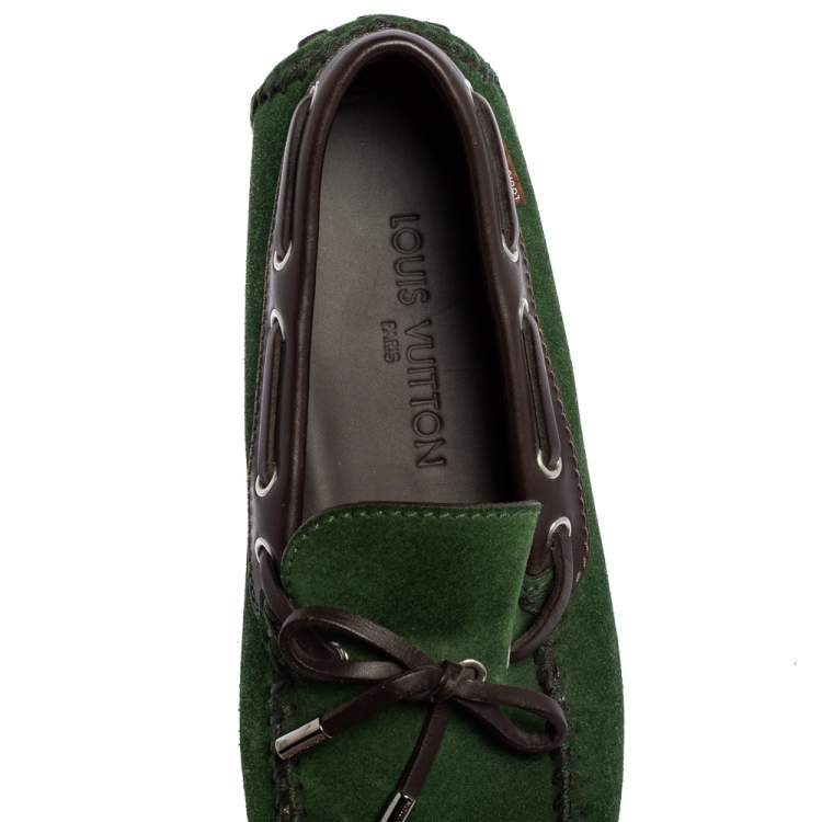 Pre Owned Louis Vuitton Green Suede Bow Loafers Size 41 