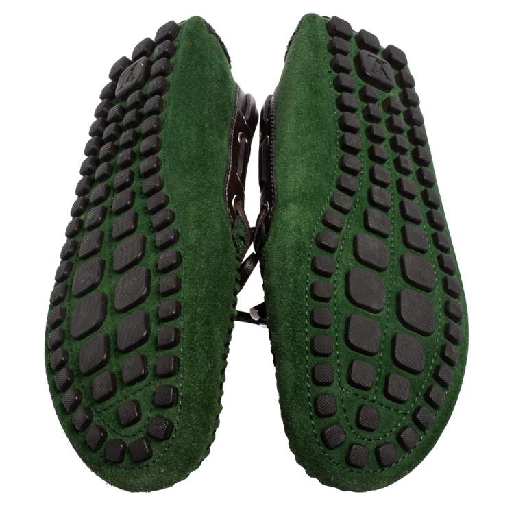 Pre Owned Louis Vuitton Green Suede Bow Loafers Size 41 
