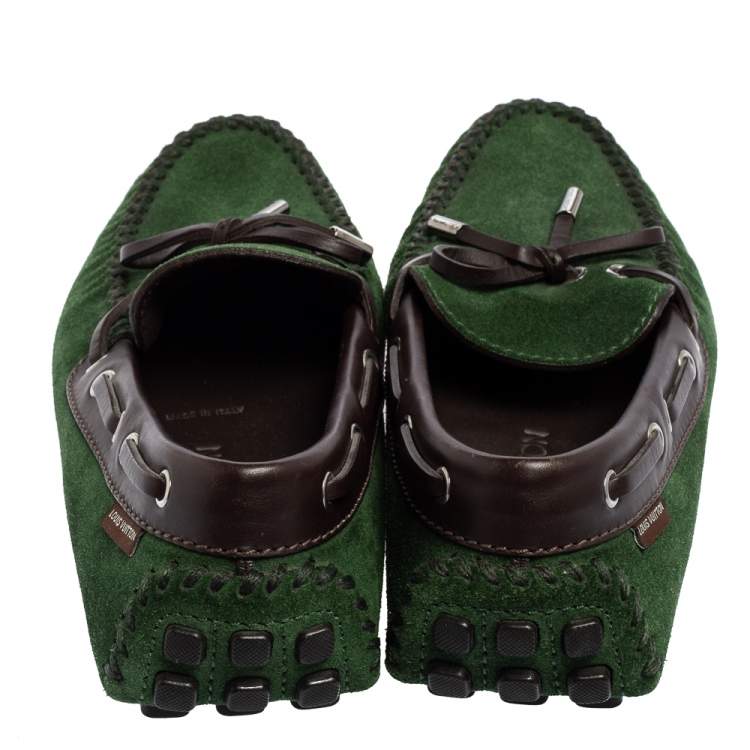 Pre Owned Louis Vuitton Green Suede Bow Loafers Size 41 