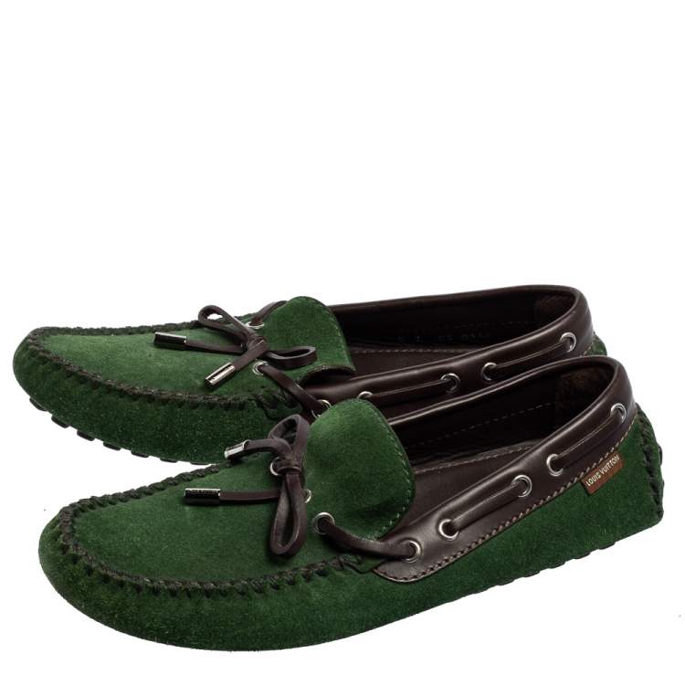 Pre Owned Louis Vuitton Green Suede Bow Loafers Size 41 