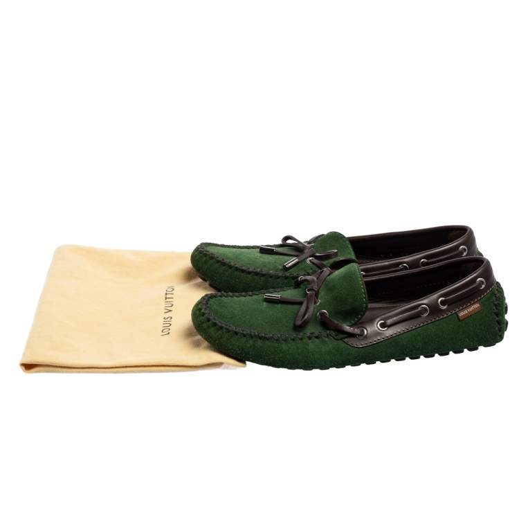 Pre Owned Louis Vuitton Green Suede Bow Loafers Size 41 