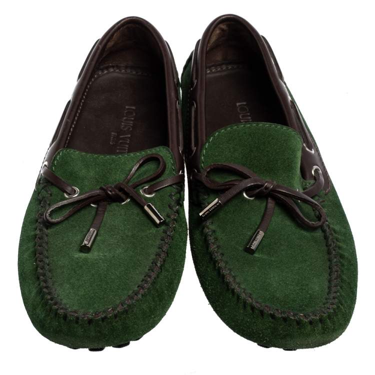 Pre Owned Louis Vuitton Green Suede Bow Loafers Size 41 