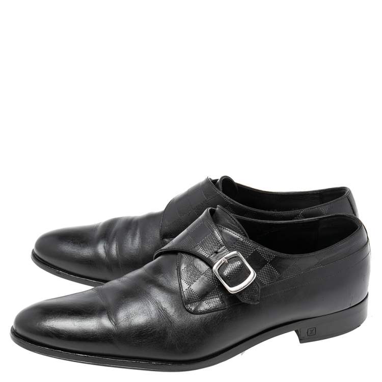 Pre Owned Louis Vuitton Black Leather and Damier Monk Strap Loafers Size 42.5