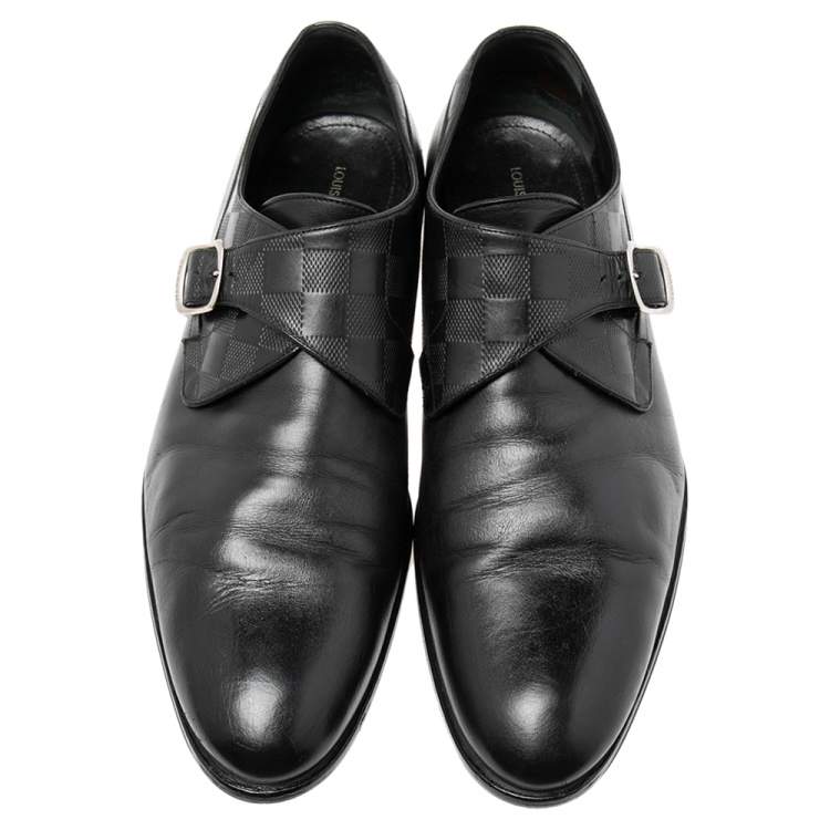 Pre Owned Louis Vuitton Black Leather and Damier Monk Strap Loafers Size 42.5