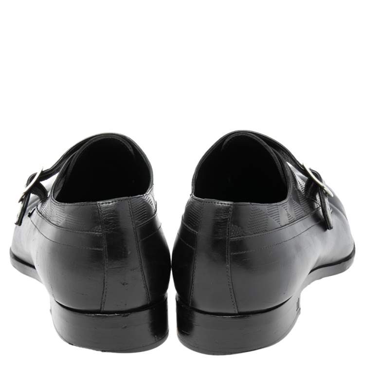 Pre Owned Louis Vuitton Black Leather and Damier Monk Strap Loafers Size 42.5