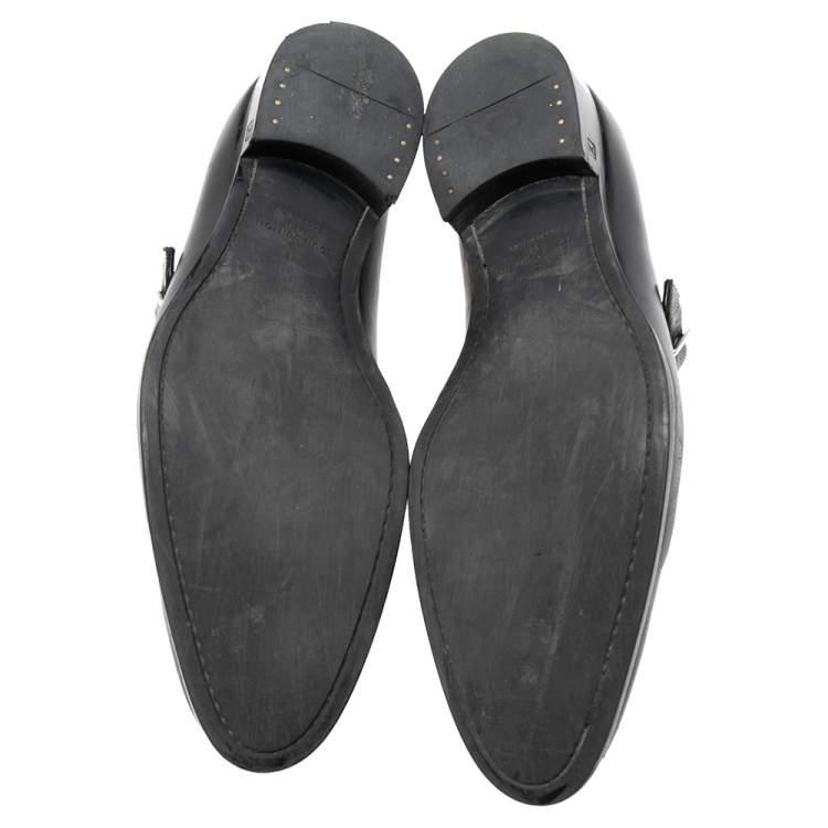 Pre Owned Louis Vuitton Black Leather and Damier Monk Strap Loafers Size 42.5