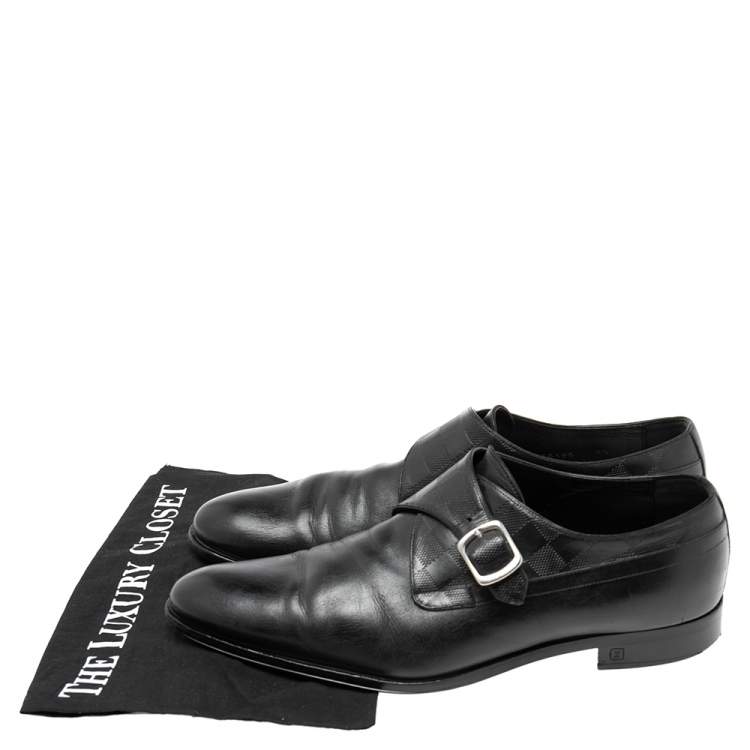 Pre Owned Louis Vuitton Black Leather and Damier Monk Strap Loafers Size 42.5