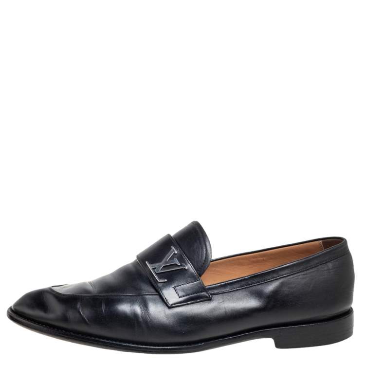 Pre Owned Louis Vuitton Black Leather Logo Slip On Loafers Size 42
