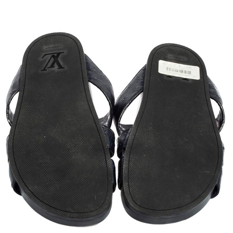 Pre Owned Louis Vuitton Navy Blue Ostrich Leather Mirabeau Mule Sandals Size 42