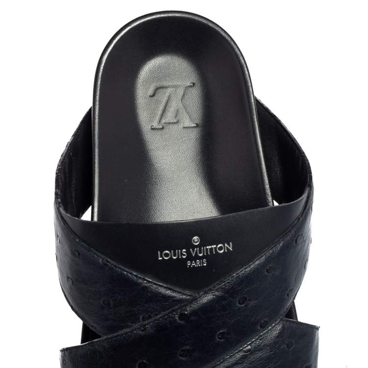 Pre Owned Louis Vuitton Navy Blue Ostrich Leather Mirabeau Mule Sandals Size 42