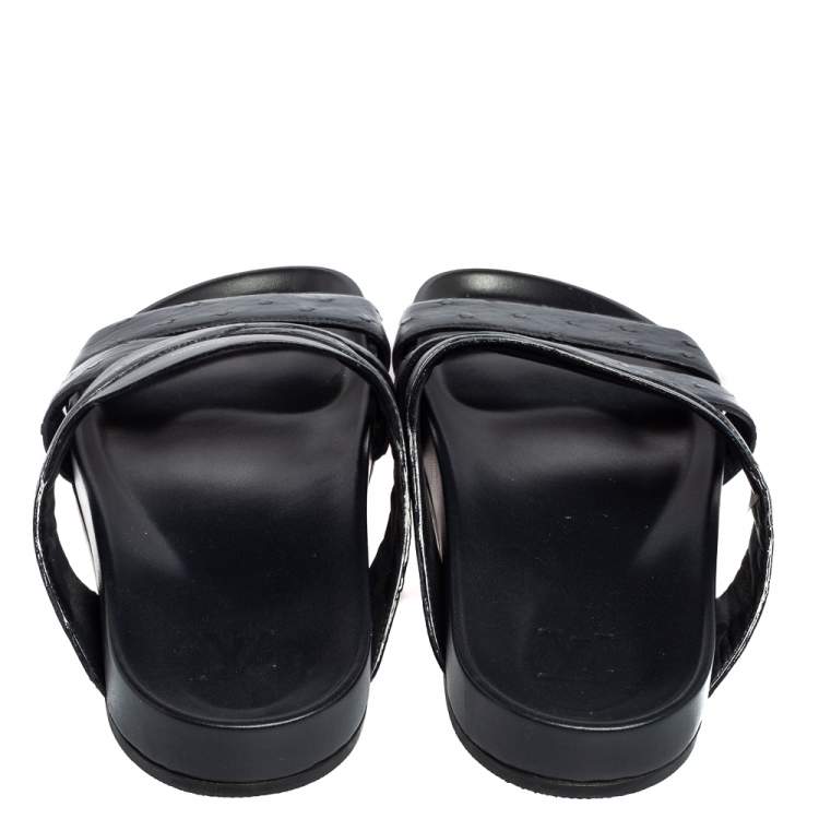 Pre Owned Louis Vuitton Navy Blue Ostrich Leather Mirabeau Mule Sandals Size 42
