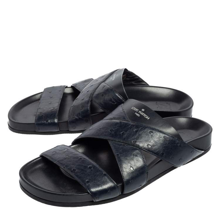 Pre Owned Louis Vuitton Navy Blue Ostrich Leather Mirabeau Mule Sandals Size 42