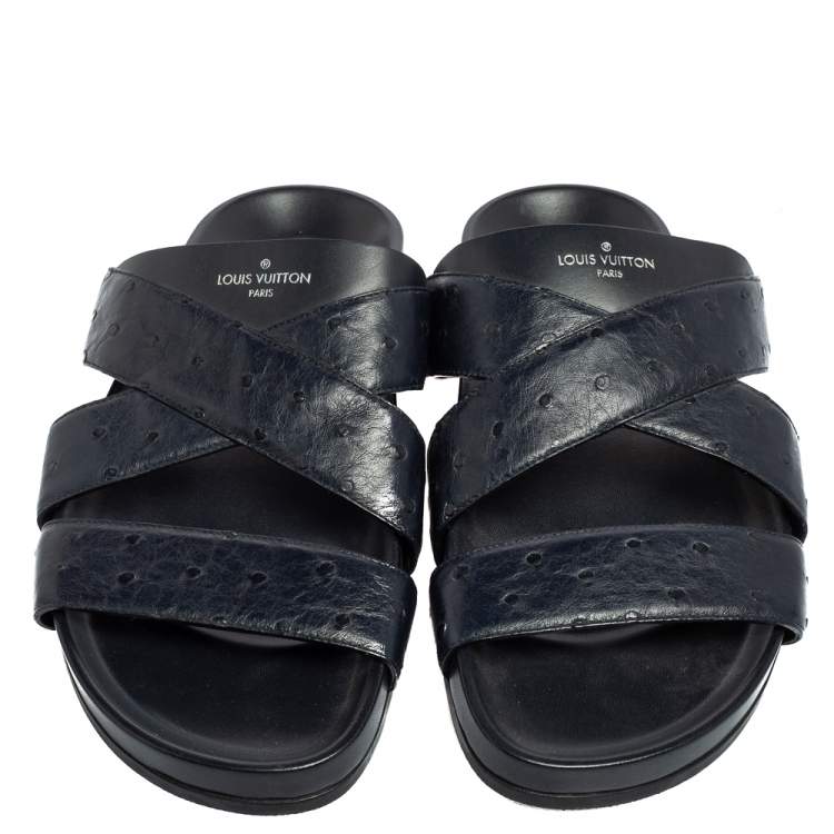Pre Owned Louis Vuitton Navy Blue Ostrich Leather Mirabeau Mule Sandals Size 42
