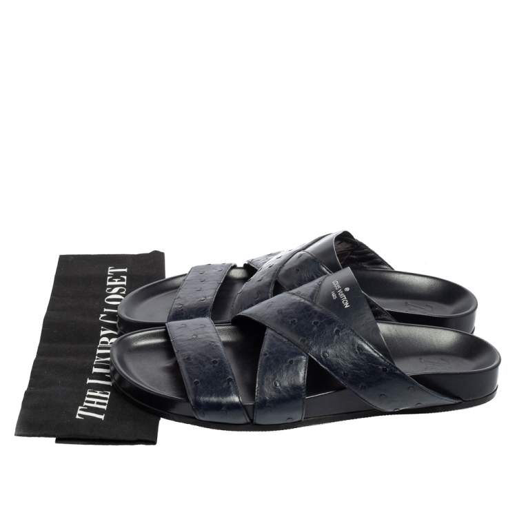 Pre Owned Louis Vuitton Navy Blue Ostrich Leather Mirabeau Mule Sandals Size 42