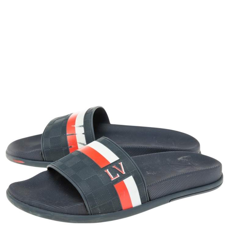 Pre Owned Louis Vuitton Navy Blue Damier Embossed Rubber Waterfront Flat Slides Size 41.5