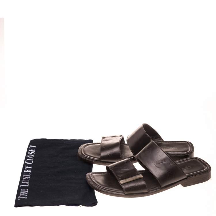 Pre Owned Louis Vuitton Dark Brown Monogram Embossed Leather Flat Slide Sandal Size 41.5