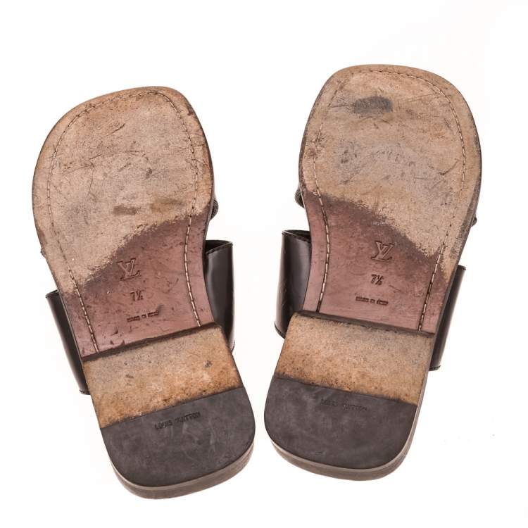 Pre Owned Louis Vuitton Dark Brown Monogram Embossed Leather Flat Slide Sandal Size 41.5